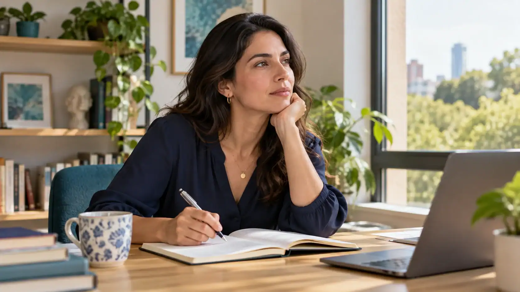 Pensamientos automáticos y diálogo interno Mujer en una pausa reflexiva frente a un cuaderno abierto junto a una ventana