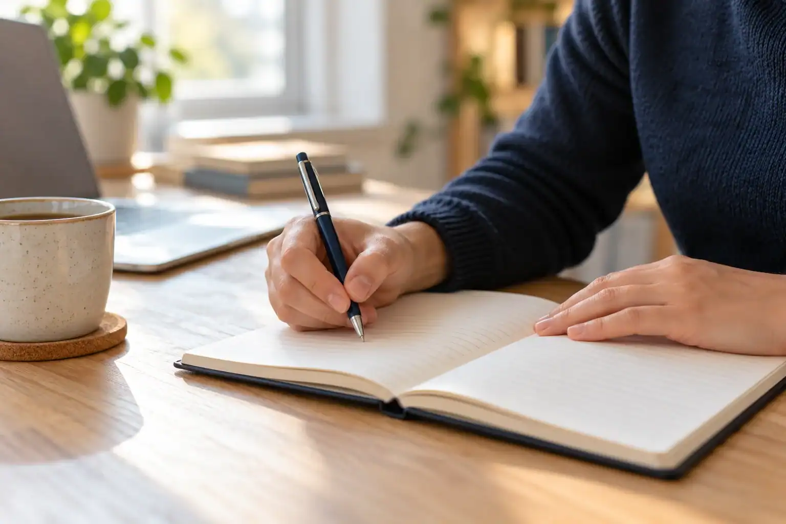 Registro de pensamientos automáticos Manos de una persona escribiendo en un cuaderno durante una pausa de reflexión